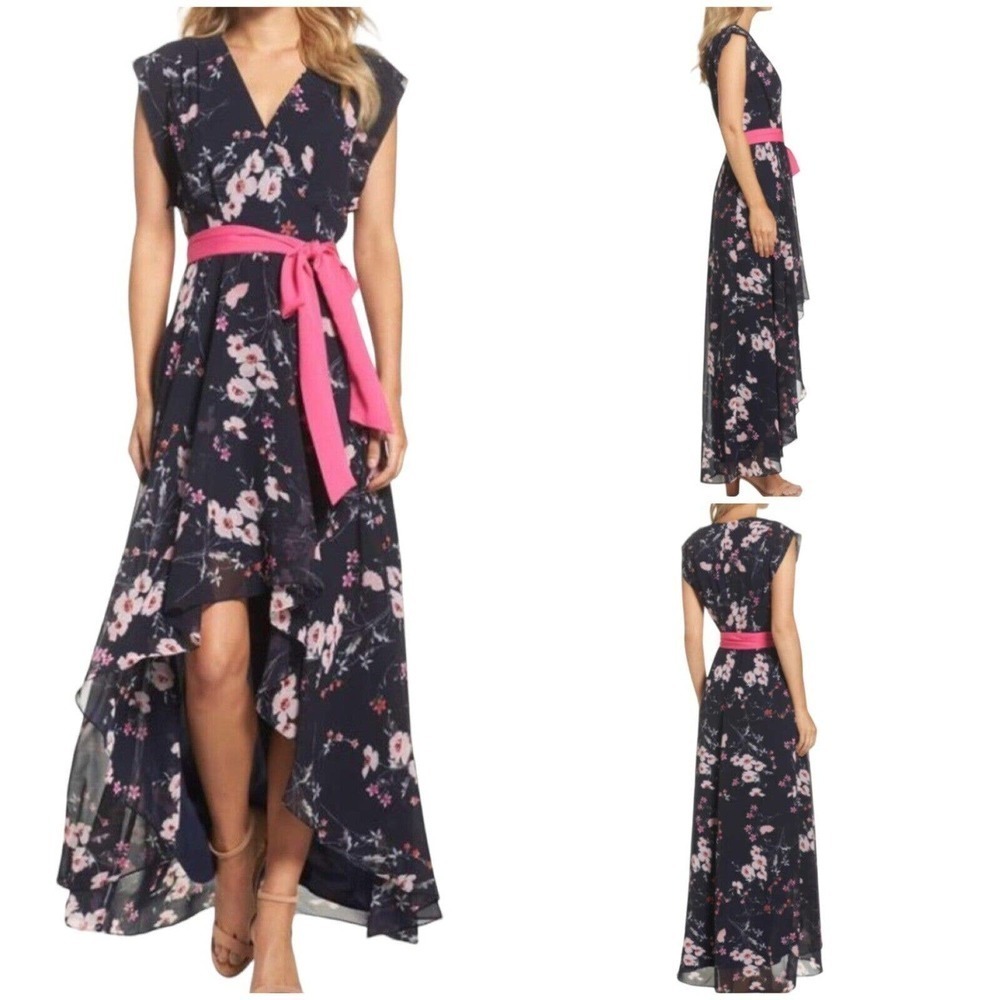 Eliza J Navy Floral High-Low Dress with Pink Sash